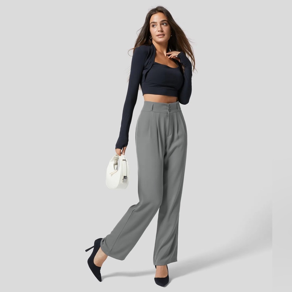 Halara High Waisted Button Zipper Side Pocket Shirred Straight Leg Work Pants 👖 - Picture 2 of 6